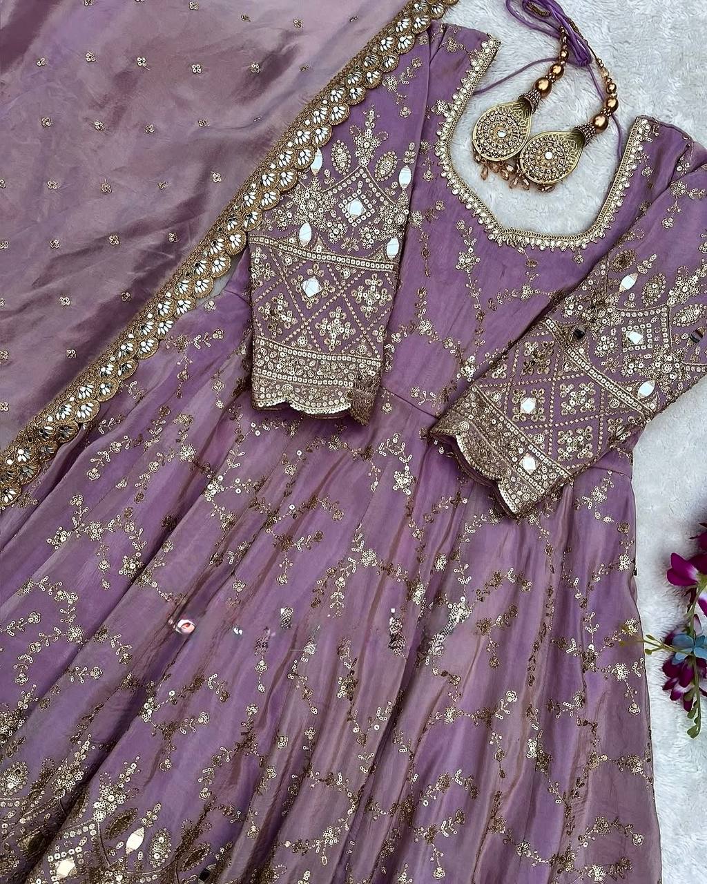 Purple Heavy Chinon Silk Embroidered Anarkali Gown Set with Mirror & Sequin Work