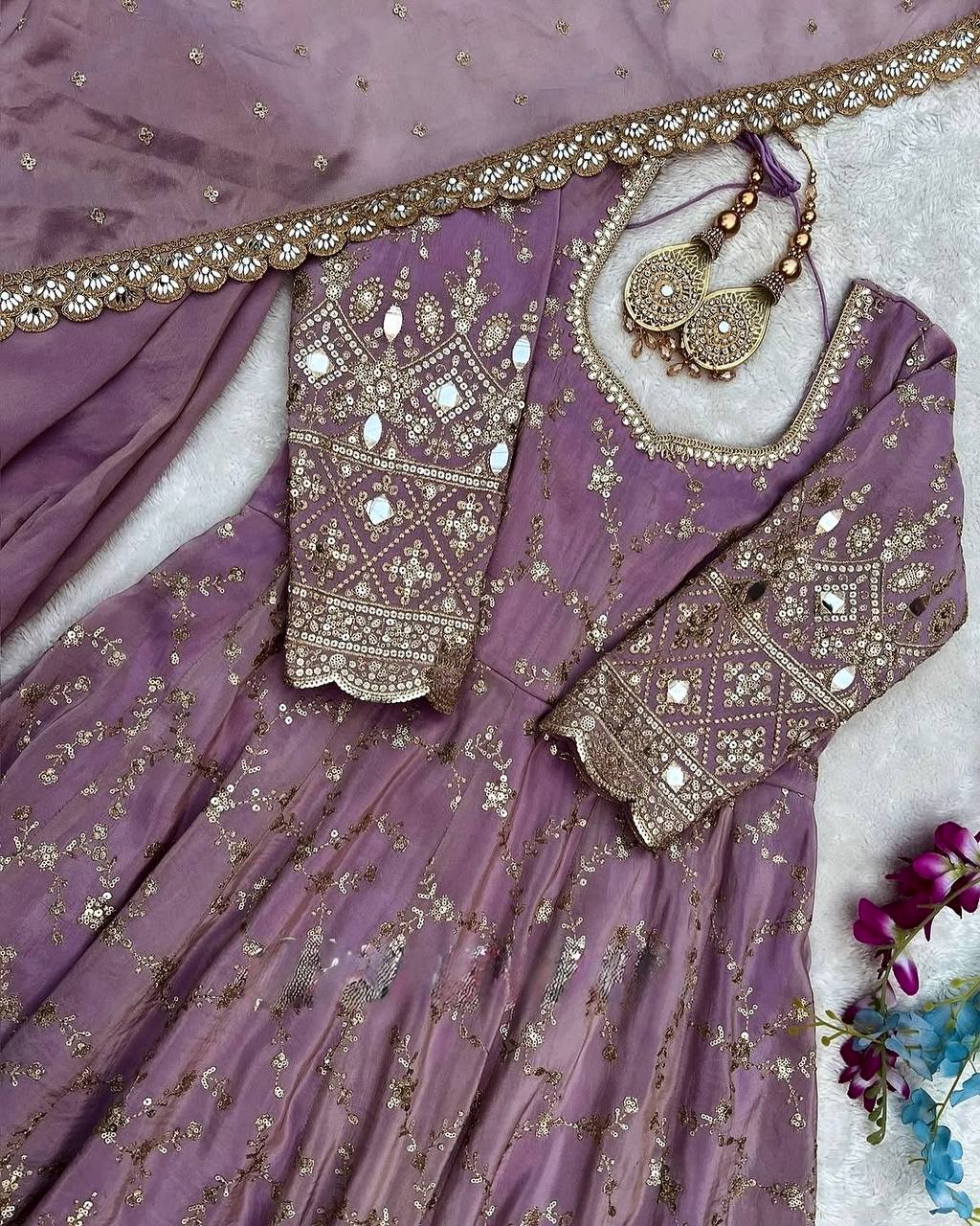Purple Heavy Chinon Silk Embroidered Anarkali Gown Set with Mirror & Sequin Work