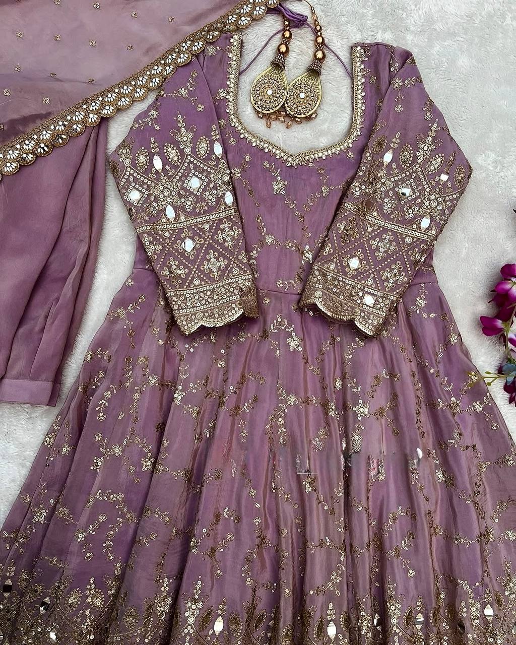 Purple Heavy Chinon Silk Embroidered Anarkali Gown Set with Mirror & Sequin Work