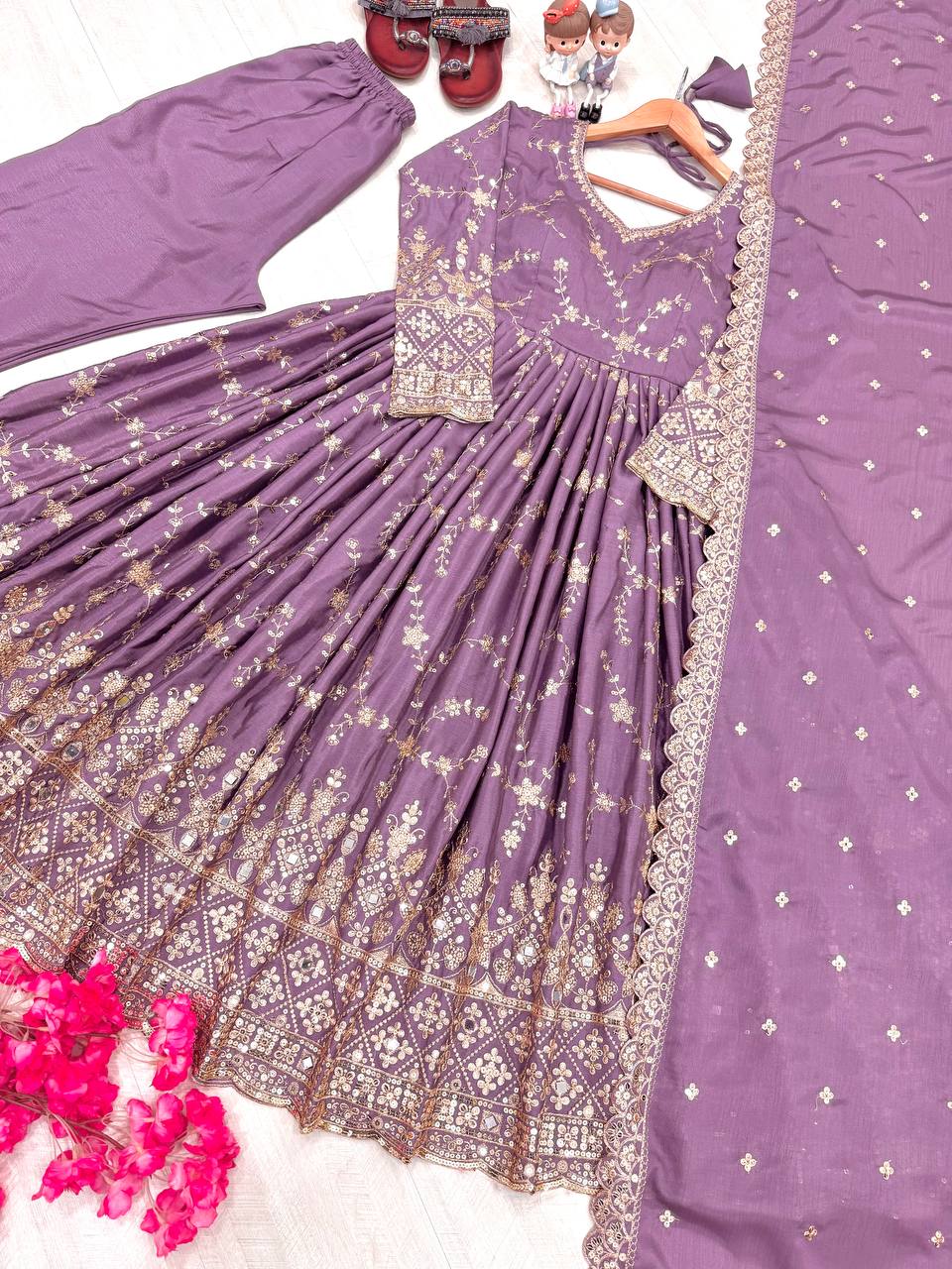 Purple Heavy Chinon Silk Embroidered Anarkali Gown Set with Mirror & Sequin Work
