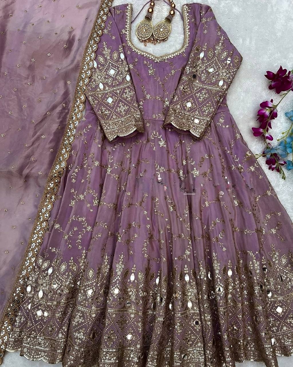 Purple Heavy Chinon Silk Embroidered Anarkali Gown Set with Mirror & Sequin Work