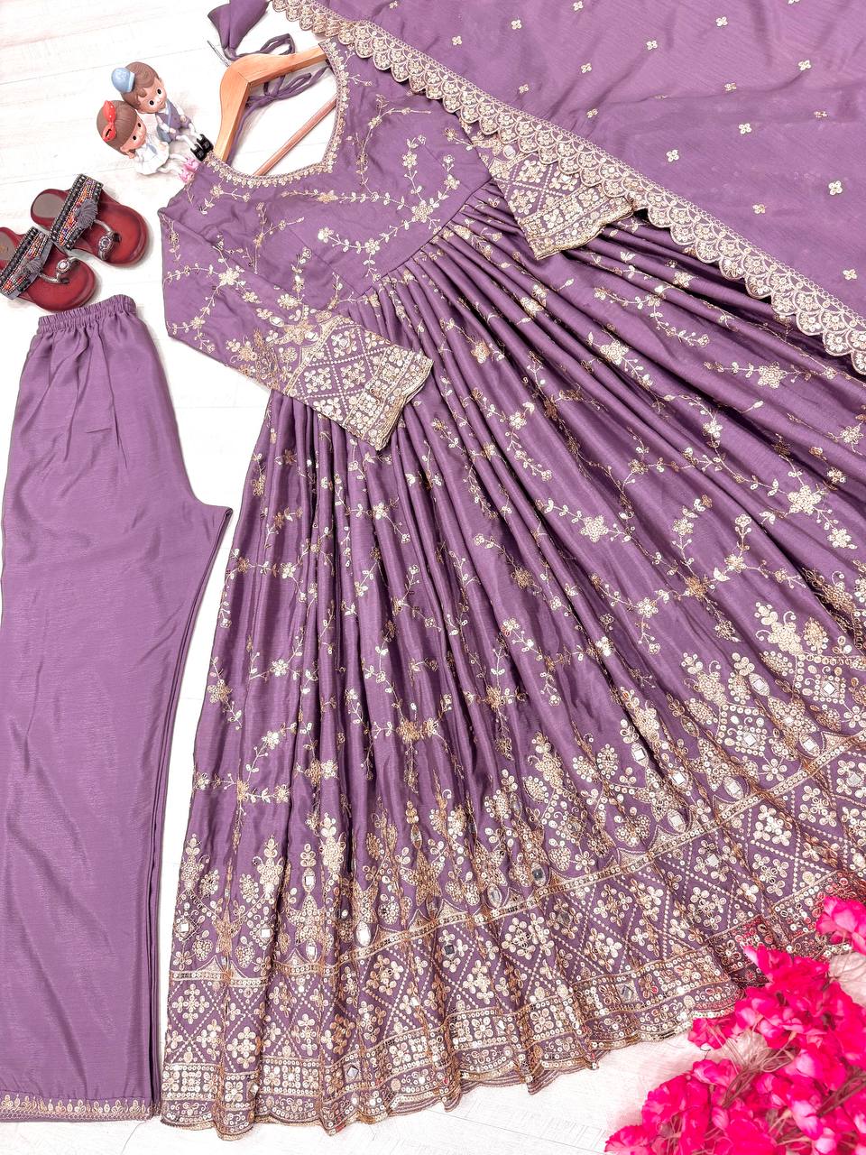 Purple Heavy Chinon Silk Embroidered Anarkali Gown Set with Mirror & Sequin Work