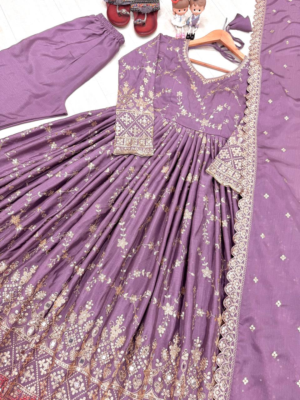 Purple Heavy Chinon Silk Embroidered Anarkali Gown Set with Mirror & Sequin Work