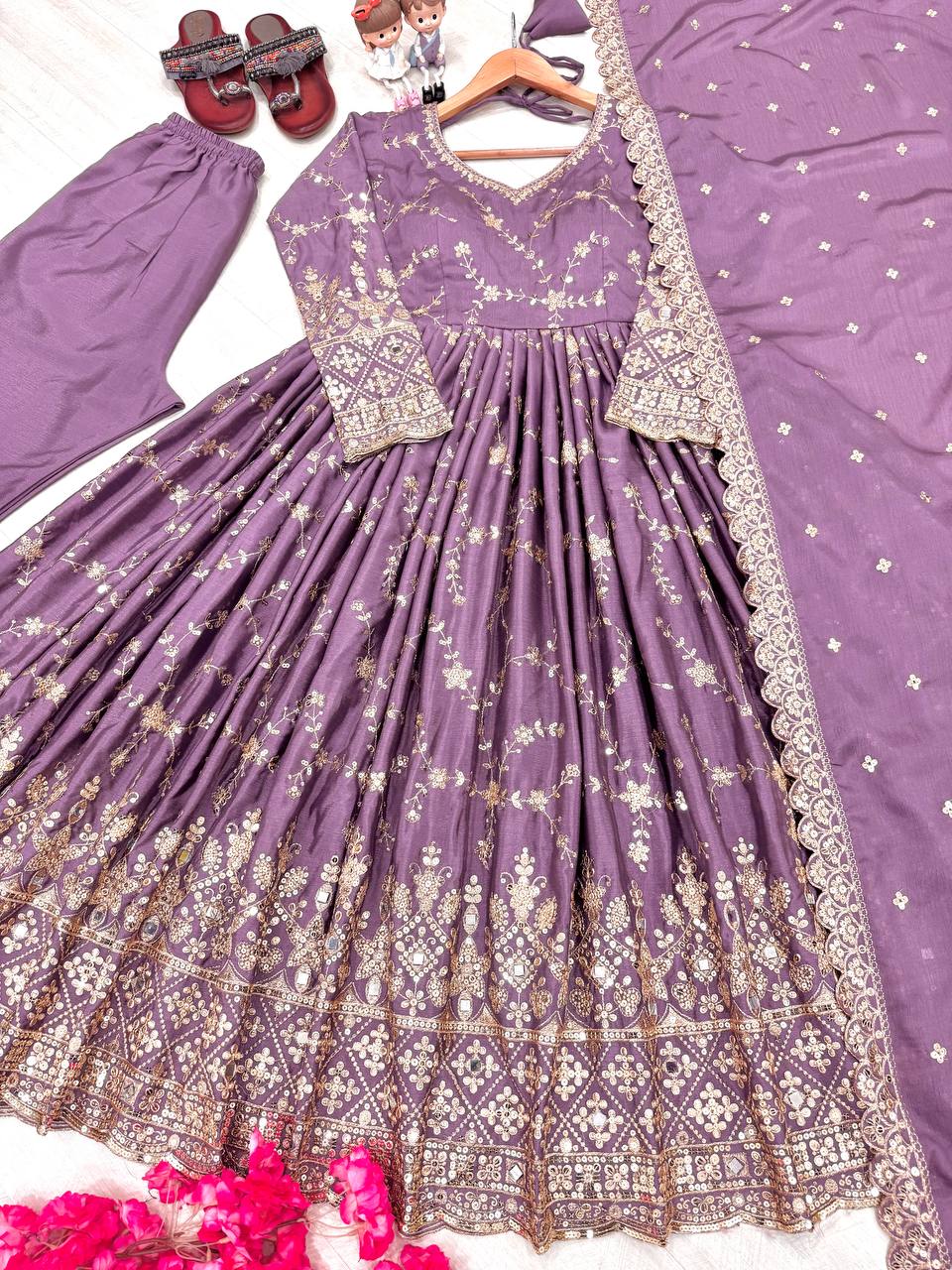 Purple Heavy Chinon Silk Embroidered Anarkali Gown Set with Mirror & Sequin Work