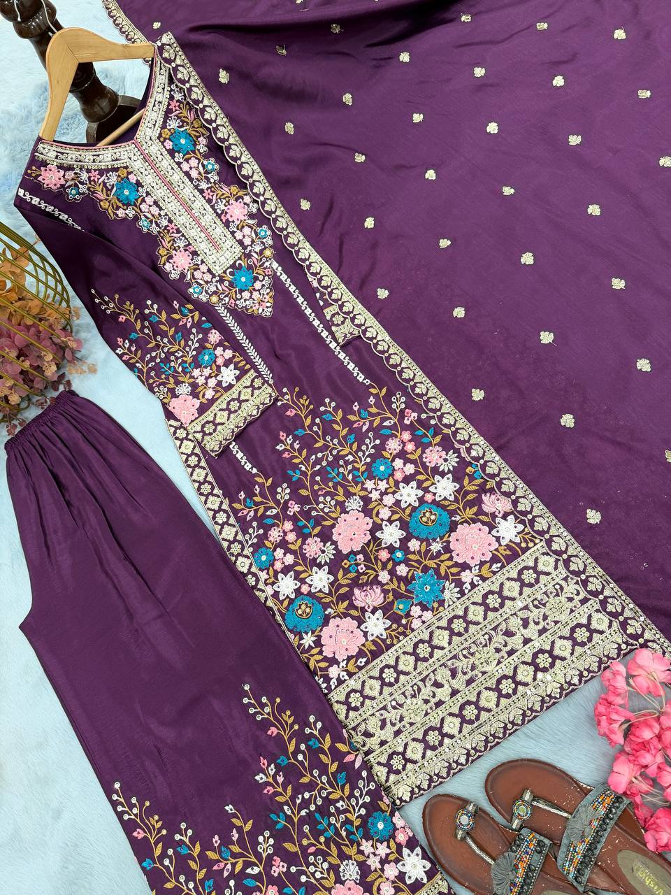 Purple Heavy Chinon Silk Plazzo Set