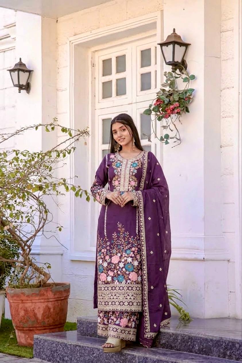 Purple Heavy Chinon Silk Plazzo Set