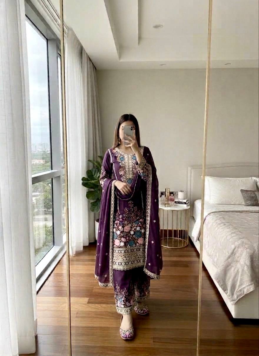 Purple Heavy Chinon Silk Plazzo Set
