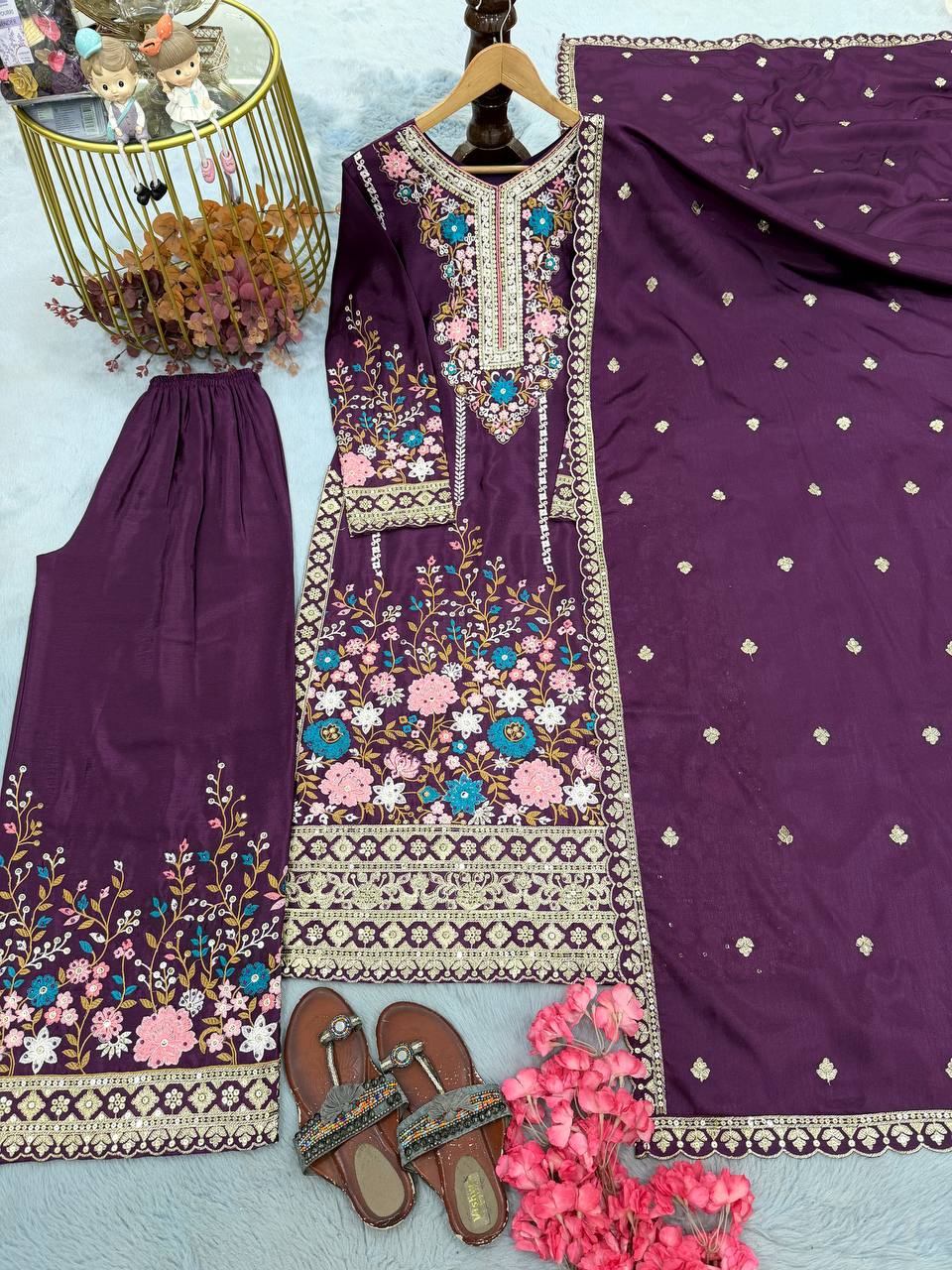 Purple Heavy Chinon Silk Plazzo Set