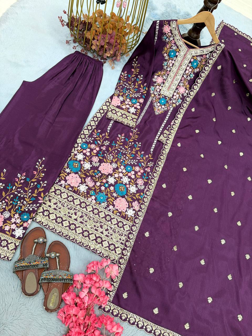 Purple Heavy Chinon Silk Plazzo Set