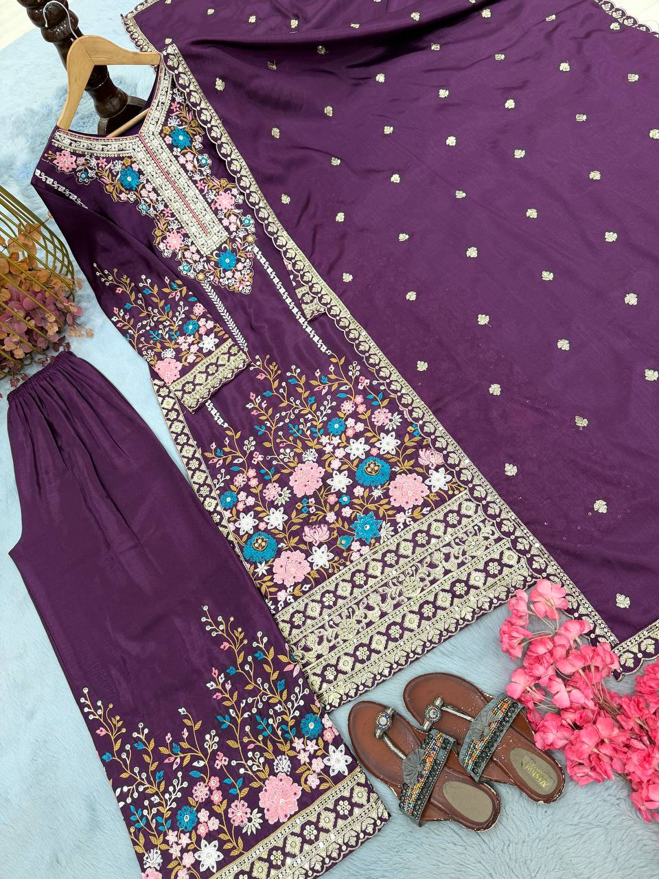 Purple Heavy Chinon Silk Plazzo Set