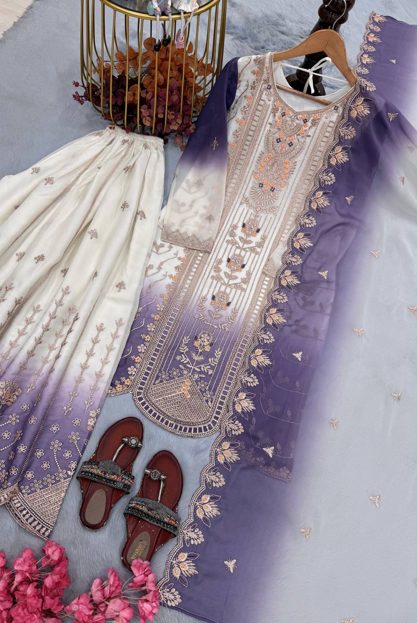 Purple Heavy Embroidered Palazzo Suit Set