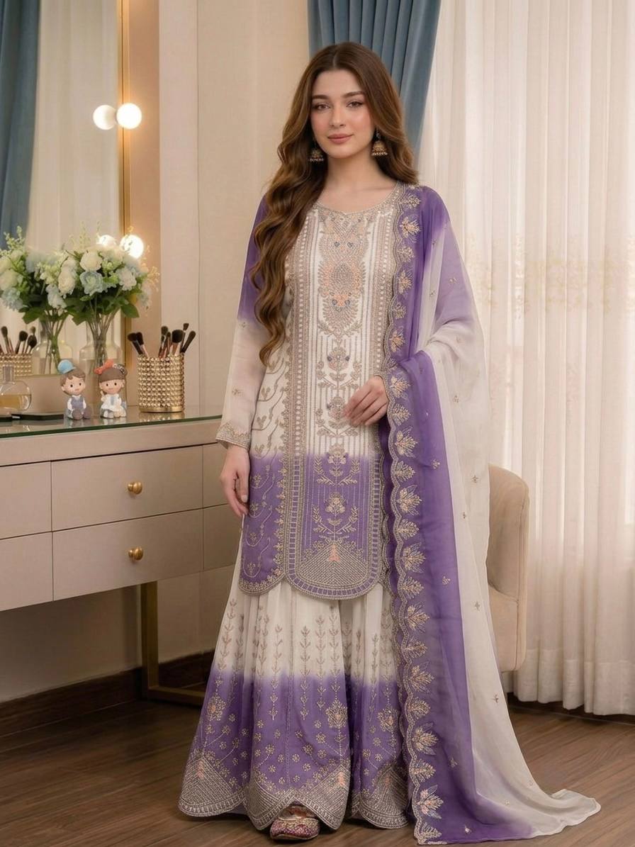 Purple Heavy Embroidered Palazzo Suit Set