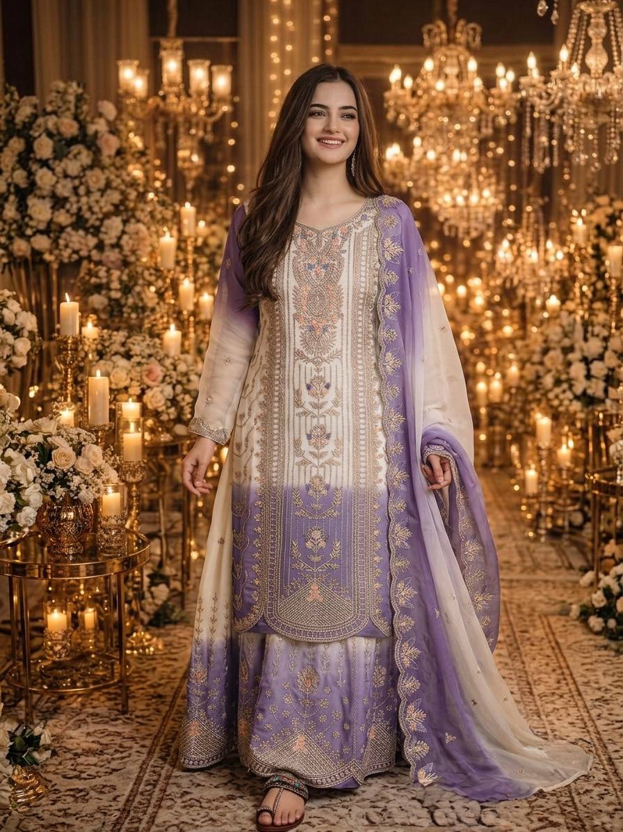 Purple Heavy Embroidered Palazzo Suit Set
