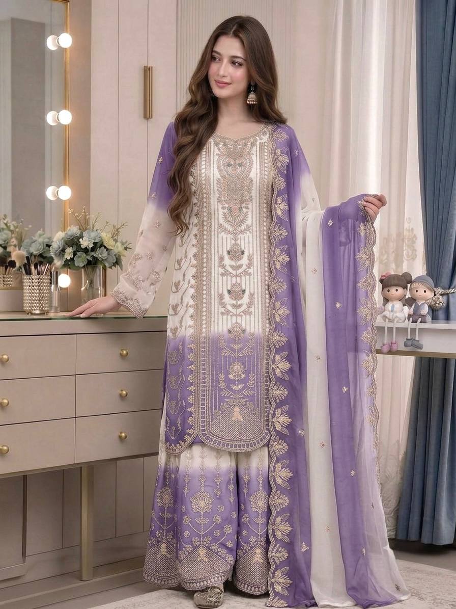 Purple Heavy Embroidered Palazzo Suit Set
