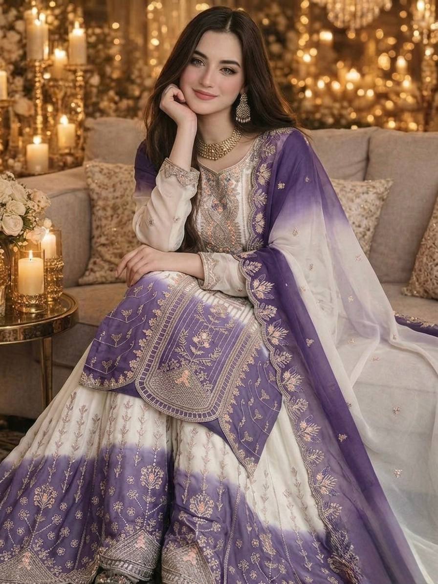 Purple Heavy Embroidered Palazzo Suit Set