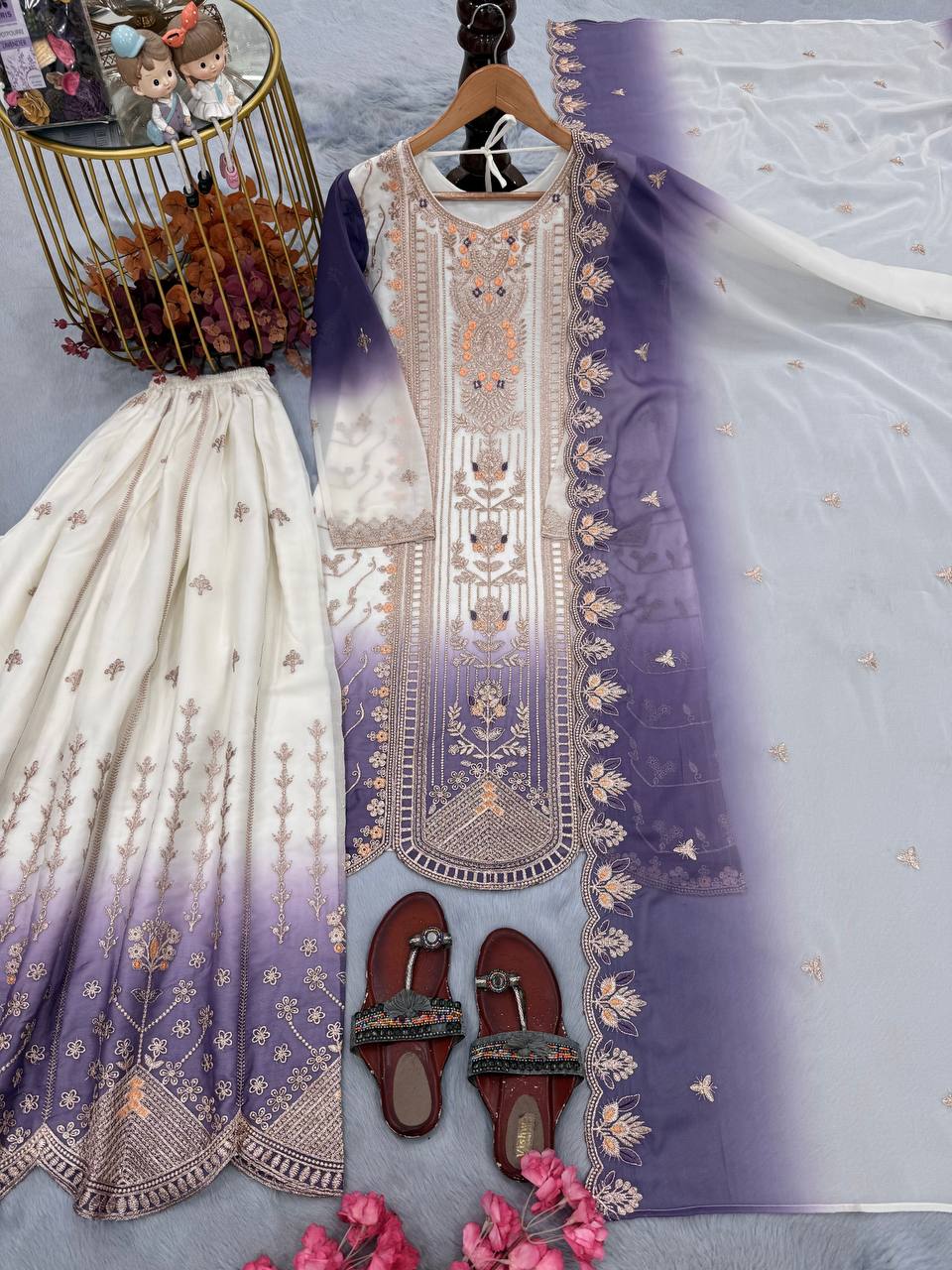 Purple Heavy Embroidered Palazzo Suit Set