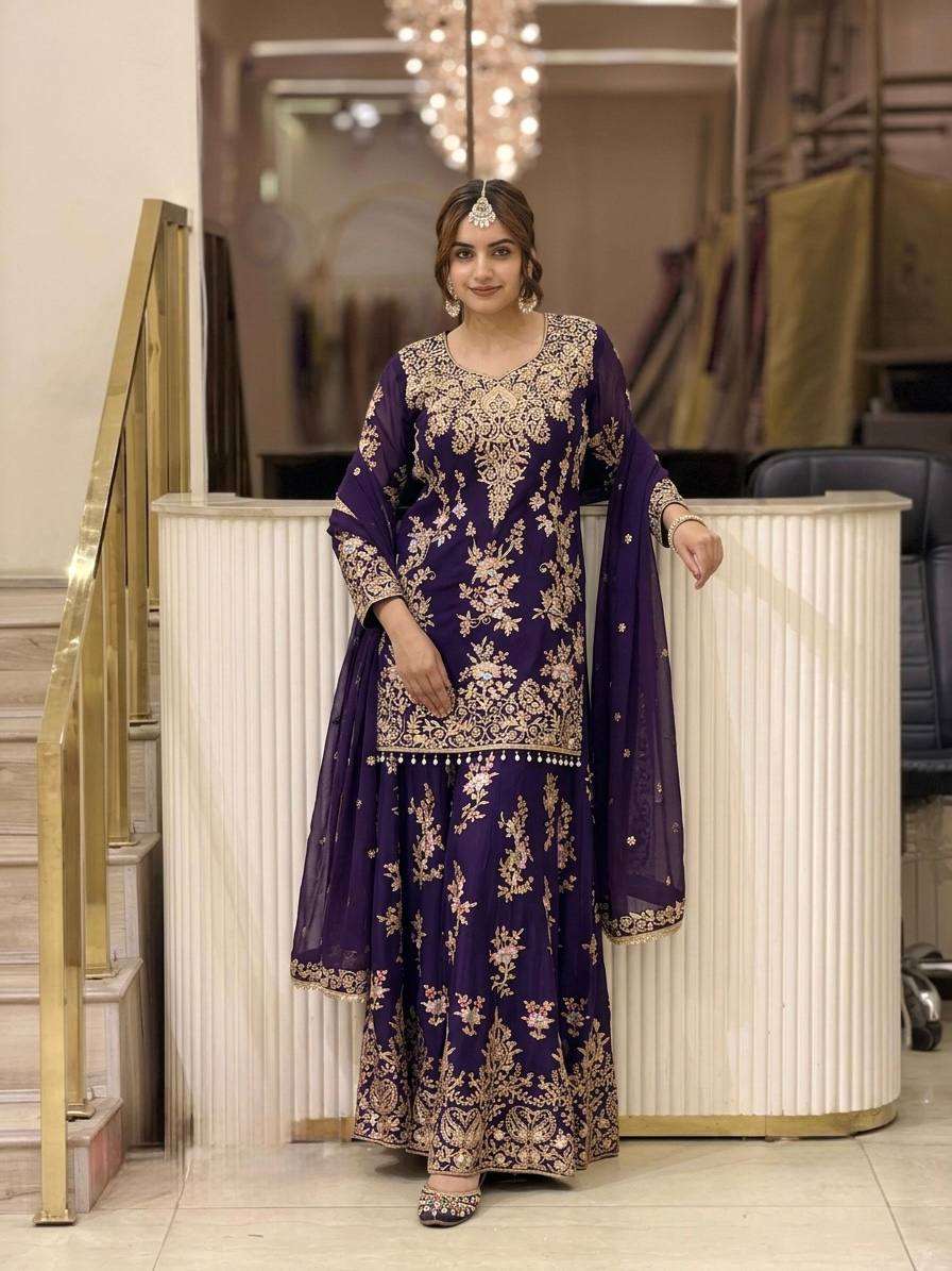 Purple Heavy Embroidered Plazzo Dupatta Set