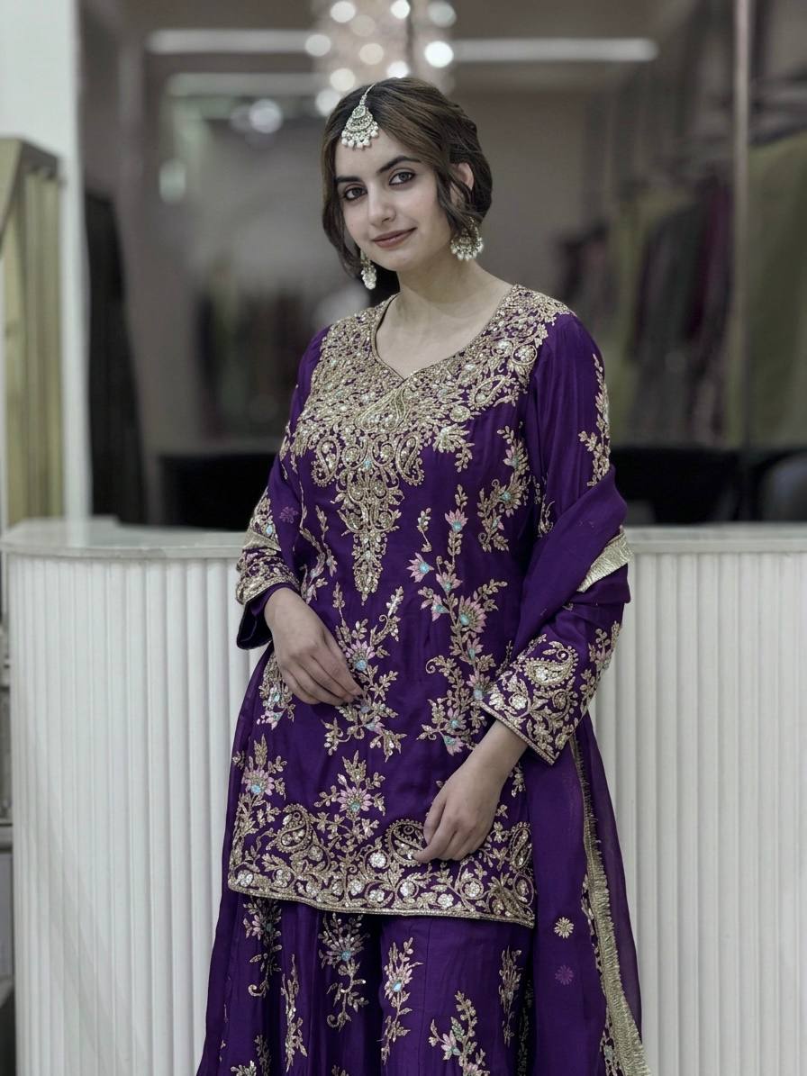Purple Heavy Embroidered Plazzo Dupatta Set