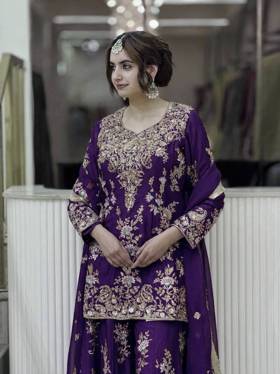 Purple Heavy Embroidered Plazzo Dupatta Set