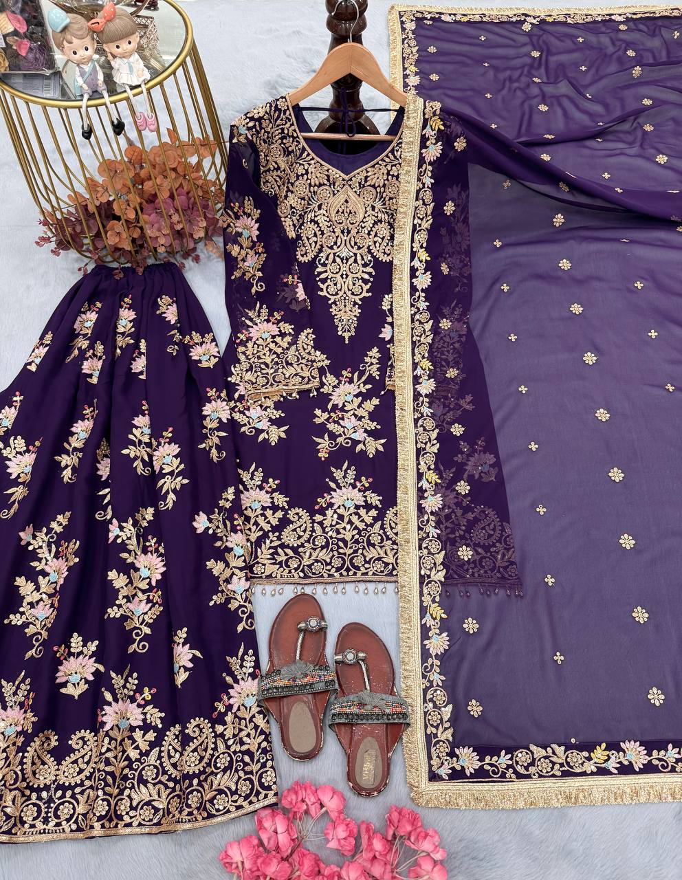 Purple Heavy Embroidered Plazzo Dupatta Set
