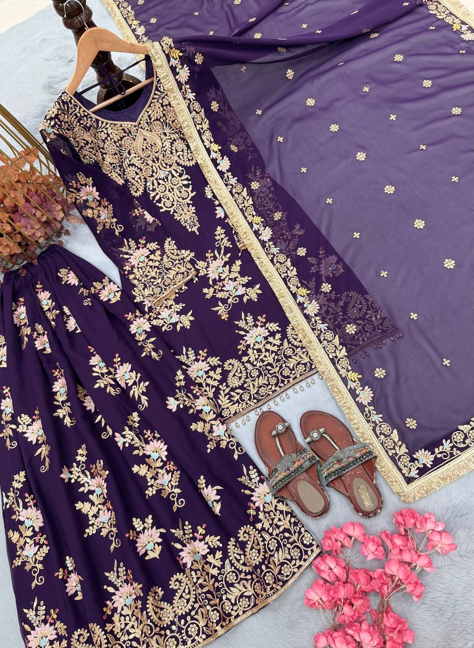 Purple Heavy Embroidered Plazzo Dupatta Set