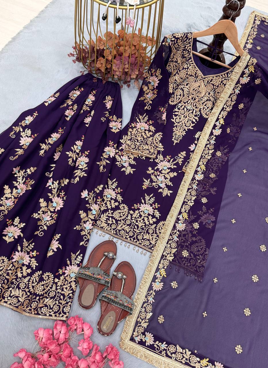 Purple Heavy Embroidered Plazzo Dupatta Set