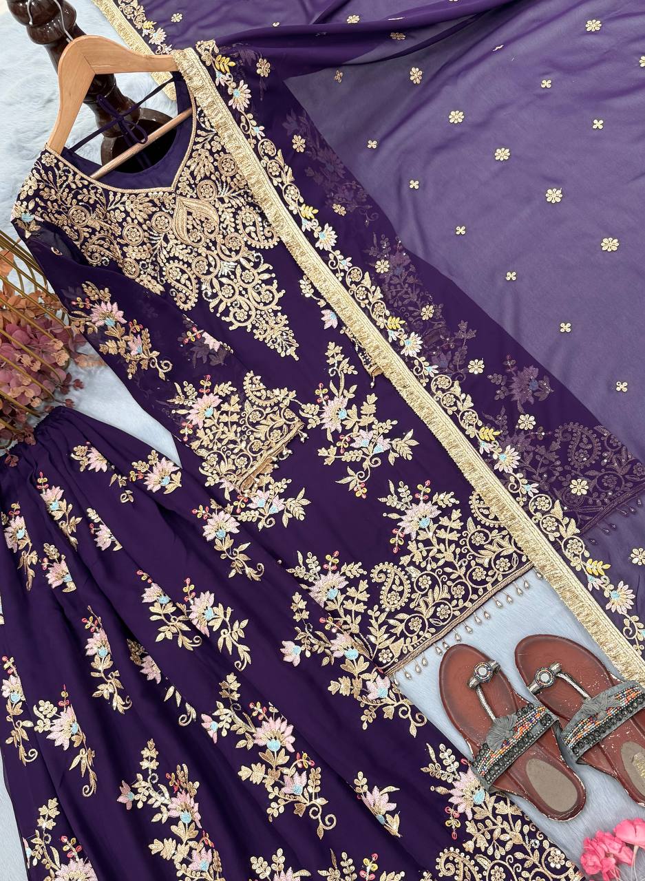 Purple Heavy Embroidered Plazzo Dupatta Set