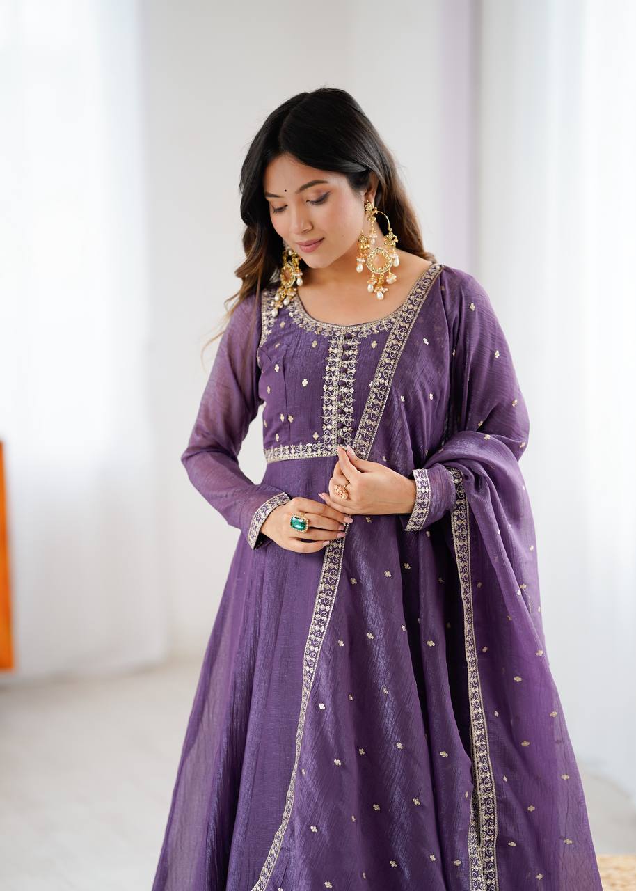 Purple Heavy Pure Crunchy Silk Embroidered Anarkali Gown Set with 4-Meter Flair & Fancy Dupatta