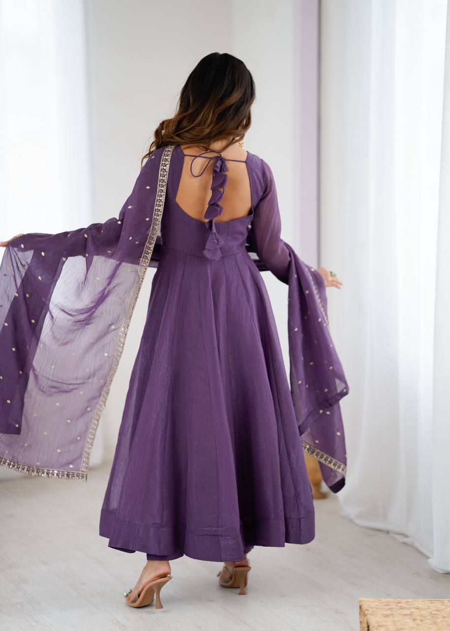 Purple Heavy Pure Crunchy Silk Embroidered Anarkali Gown Set with 4-Meter Flair & Fancy Dupatta