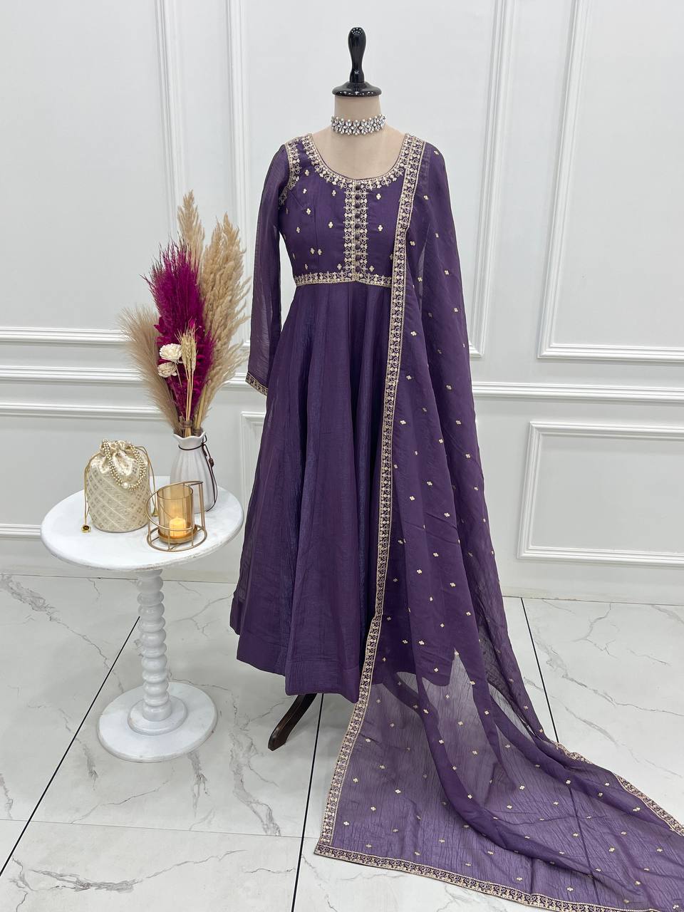 Purple Heavy Pure Crunchy Silk Embroidered Anarkali Gown Set with 4-Meter Flair & Fancy Dupatta