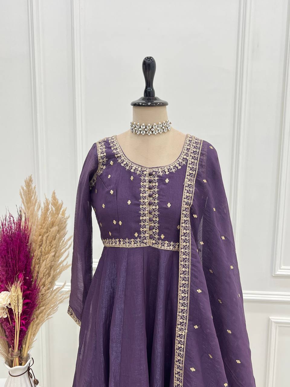 Purple Heavy Pure Crunchy Silk Embroidered Anarkali Gown Set with 4-Meter Flair & Fancy Dupatta