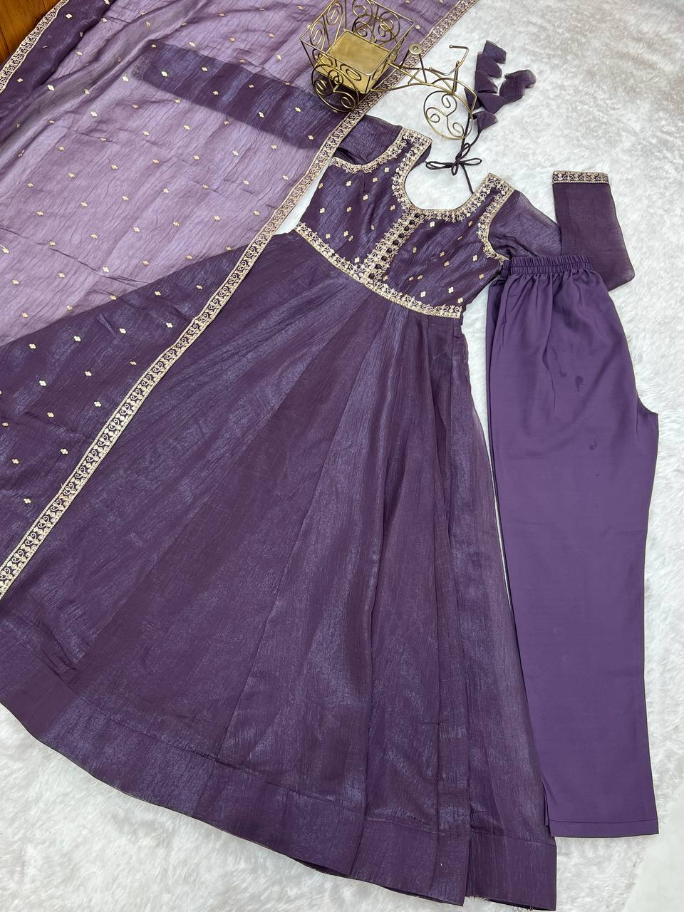 Purple Heavy Pure Crunchy Silk Embroidered Anarkali Gown Set with 4-Meter Flair & Fancy Dupatta