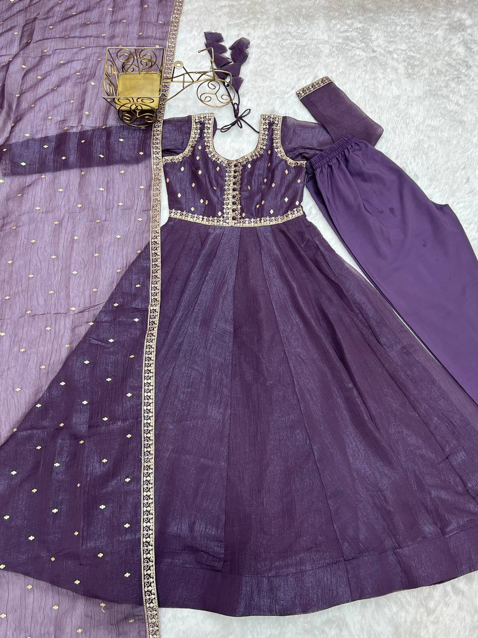 Purple Heavy Pure Crunchy Silk Embroidered Anarkali Gown Set with 4-Meter Flair & Fancy Dupatta