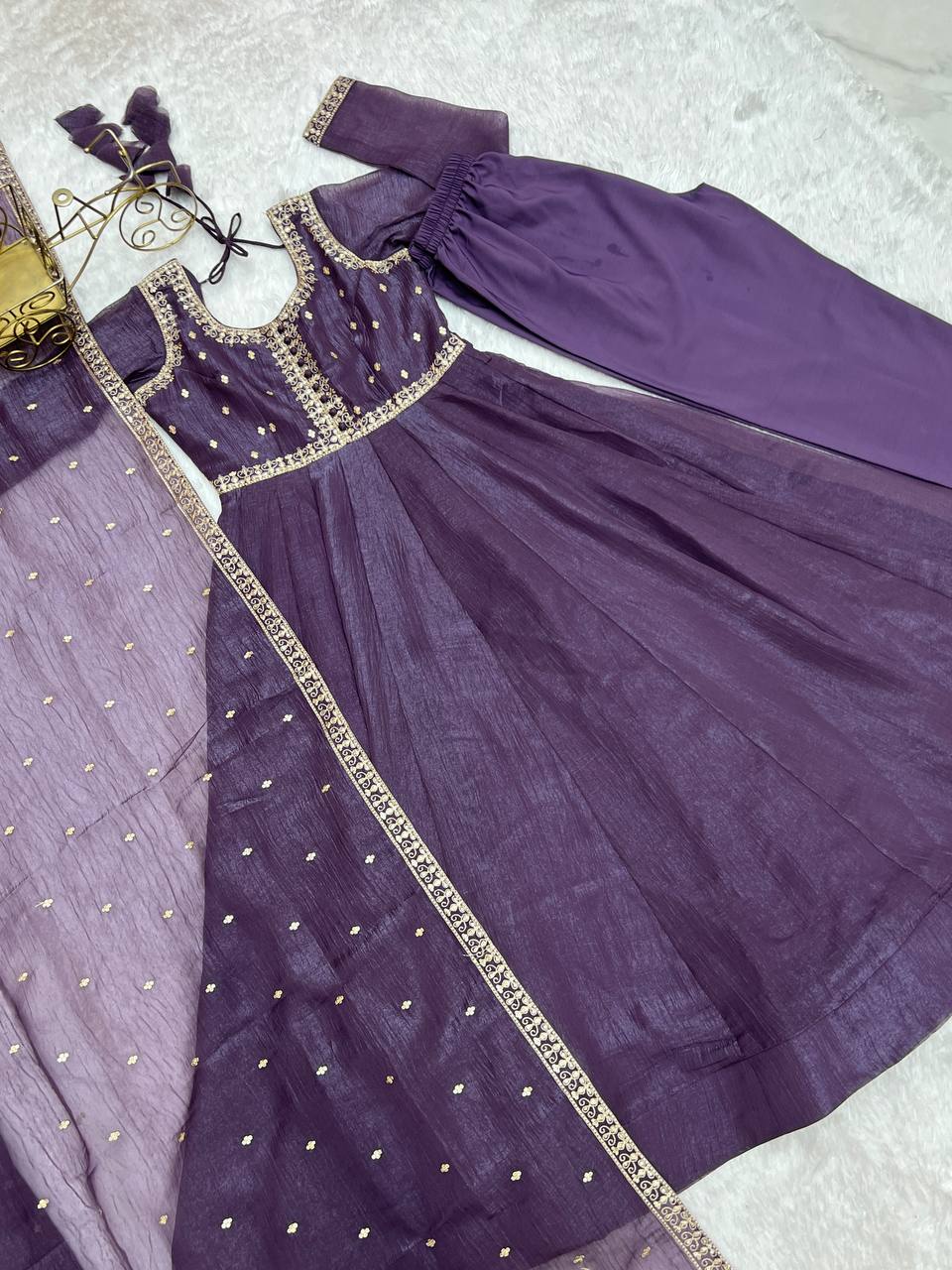 Purple Heavy Pure Crunchy Silk Embroidered Anarkali Gown Set with 4-Meter Flair & Fancy Dupatta