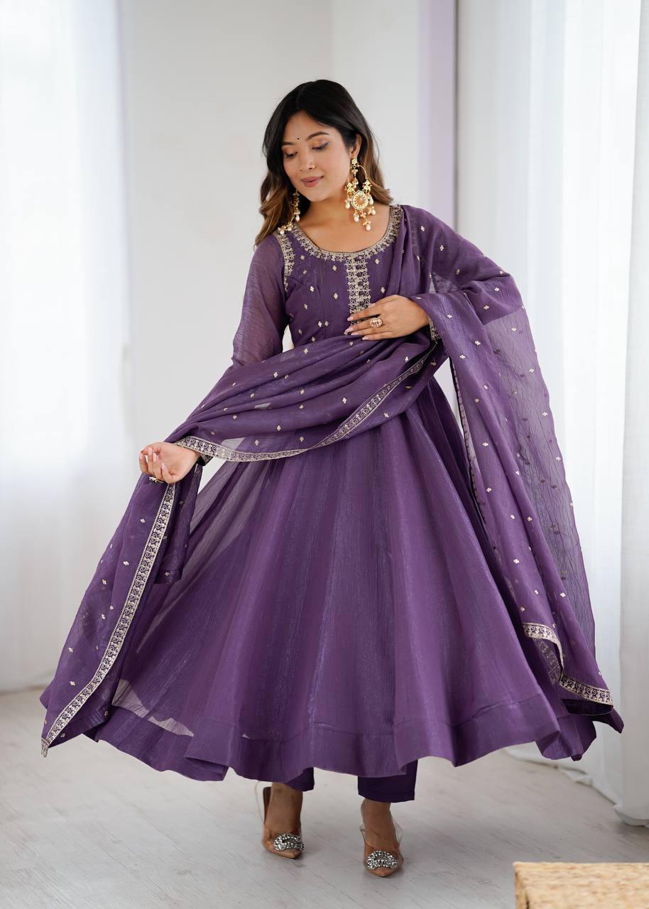 Purple Heavy Pure Crunchy Silk Embroidered Anarkali Gown Set with 4-Meter Flair & Fancy Dupatta