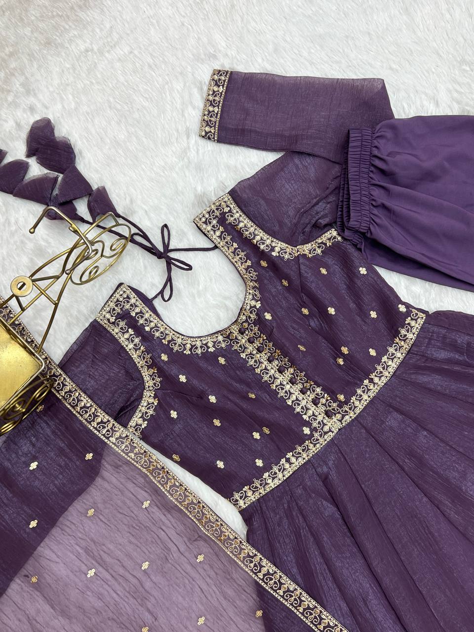 Purple Heavy Pure Crunchy Silk Embroidered Anarkali Gown Set with 4-Meter Flair & Fancy Dupatta