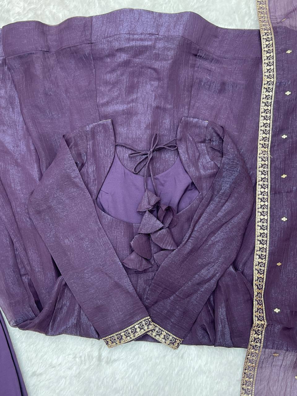 Purple Heavy Pure Crunchy Silk Embroidered Anarkali Gown Set with 4-Meter Flair & Fancy Dupatta