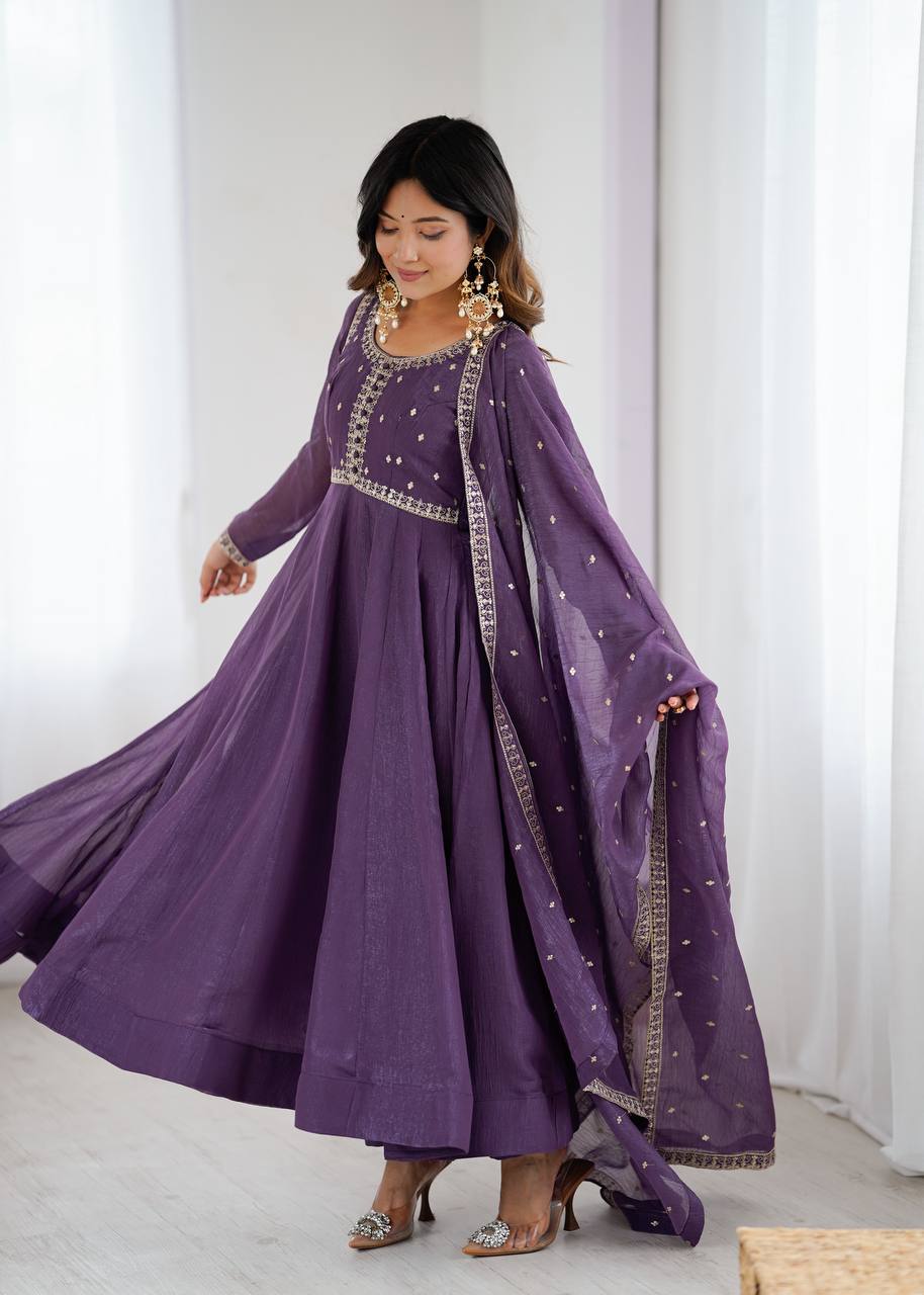 Purple Heavy Pure Crunchy Silk Embroidered Anarkali Gown Set with 4-Meter Flair & Fancy Dupatta