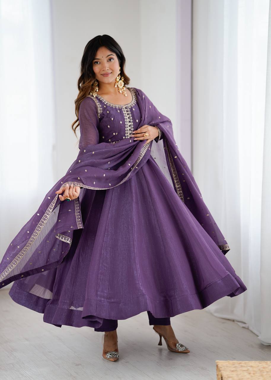 Purple Heavy Pure Crunchy Silk Embroidered Anarkali Gown Set with 4-Meter Flair & Fancy Dupatta
