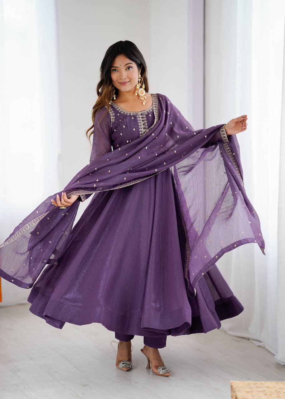 Purple Heavy Pure Crunchy Silk Embroidered Anarkali Gown Set with 4-Meter Flair & Fancy Dupatta