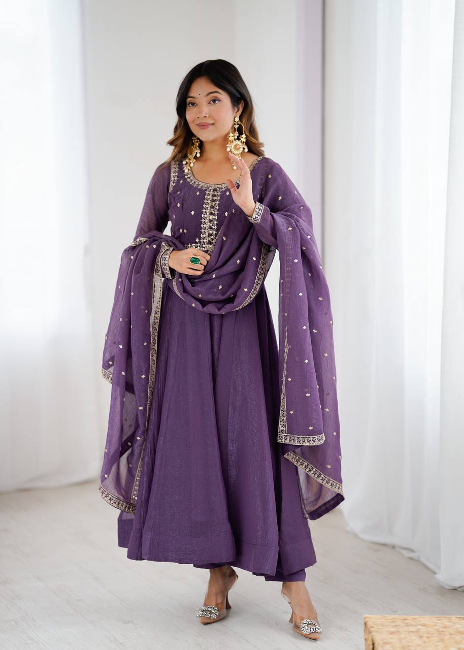 Purple Heavy Pure Crunchy Silk Embroidered Anarkali Gown Set with 4-Meter Flair & Fancy Dupatta