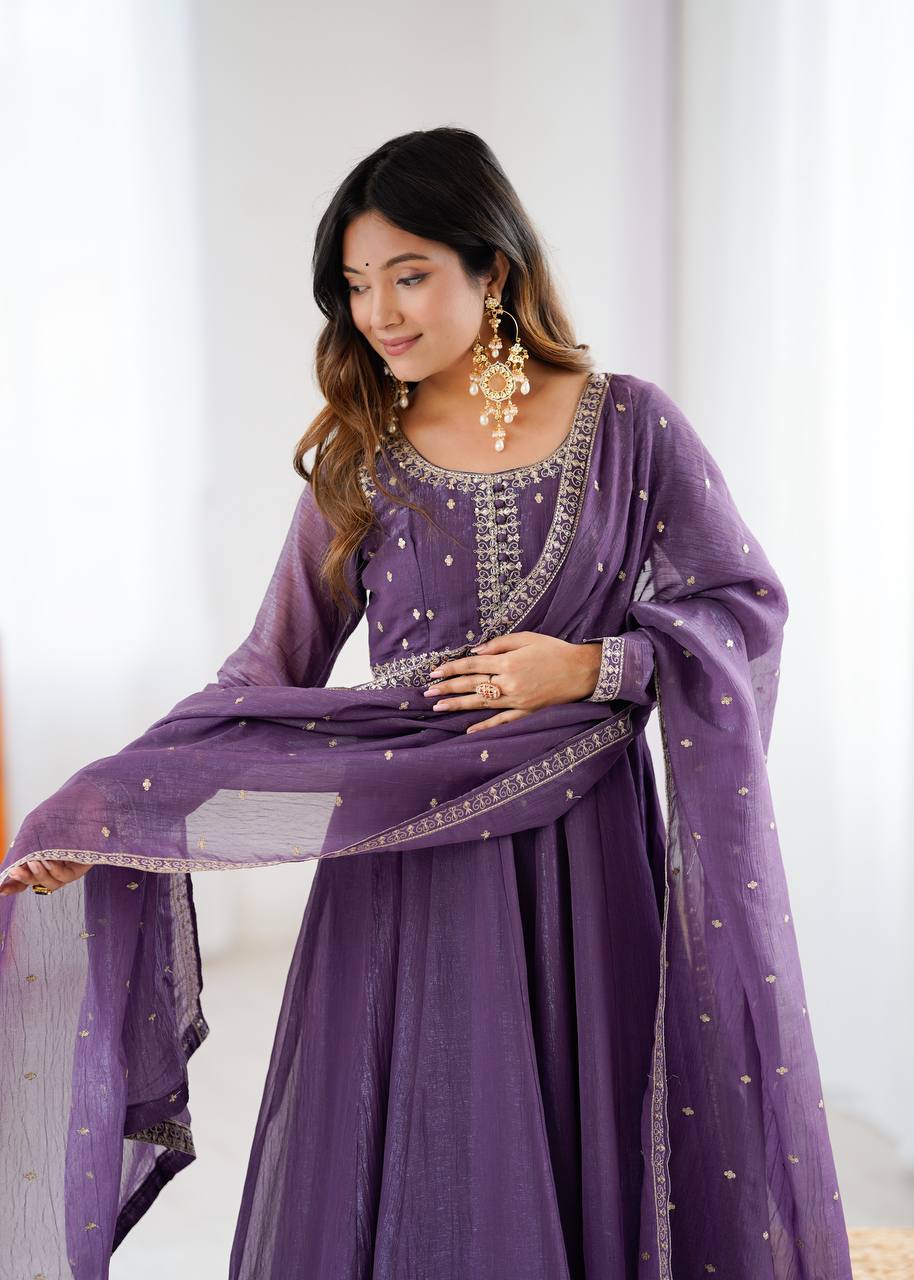 Purple Heavy Pure Crunchy Silk Embroidered Anarkali Gown Set with 4-Meter Flair & Fancy Dupatta