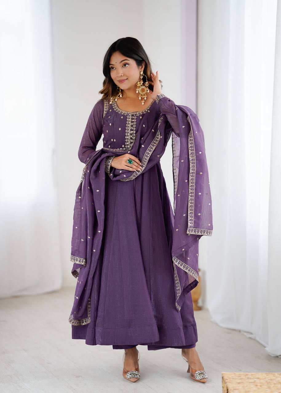 Purple Heavy Pure Crunchy Silk Embroidered Anarkali Gown Set with 4-Meter Flair & Fancy Dupatta