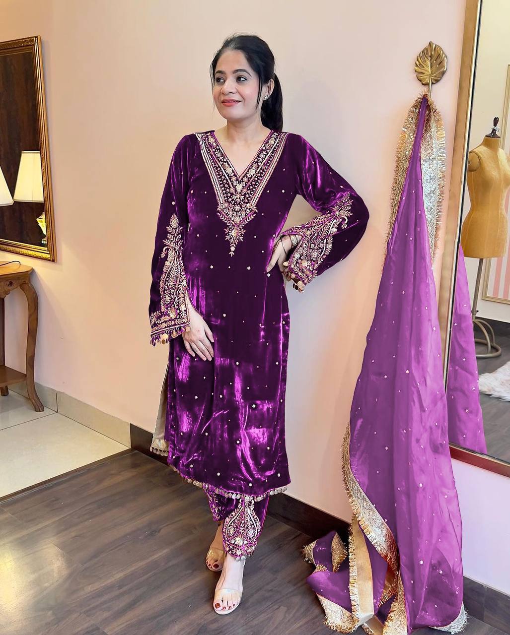 Purple Heavy Pure Viscose Velvet Top with Plazzo & Dupatta Set - Embroidery, Sequence Work, and Rivet Moti Accents