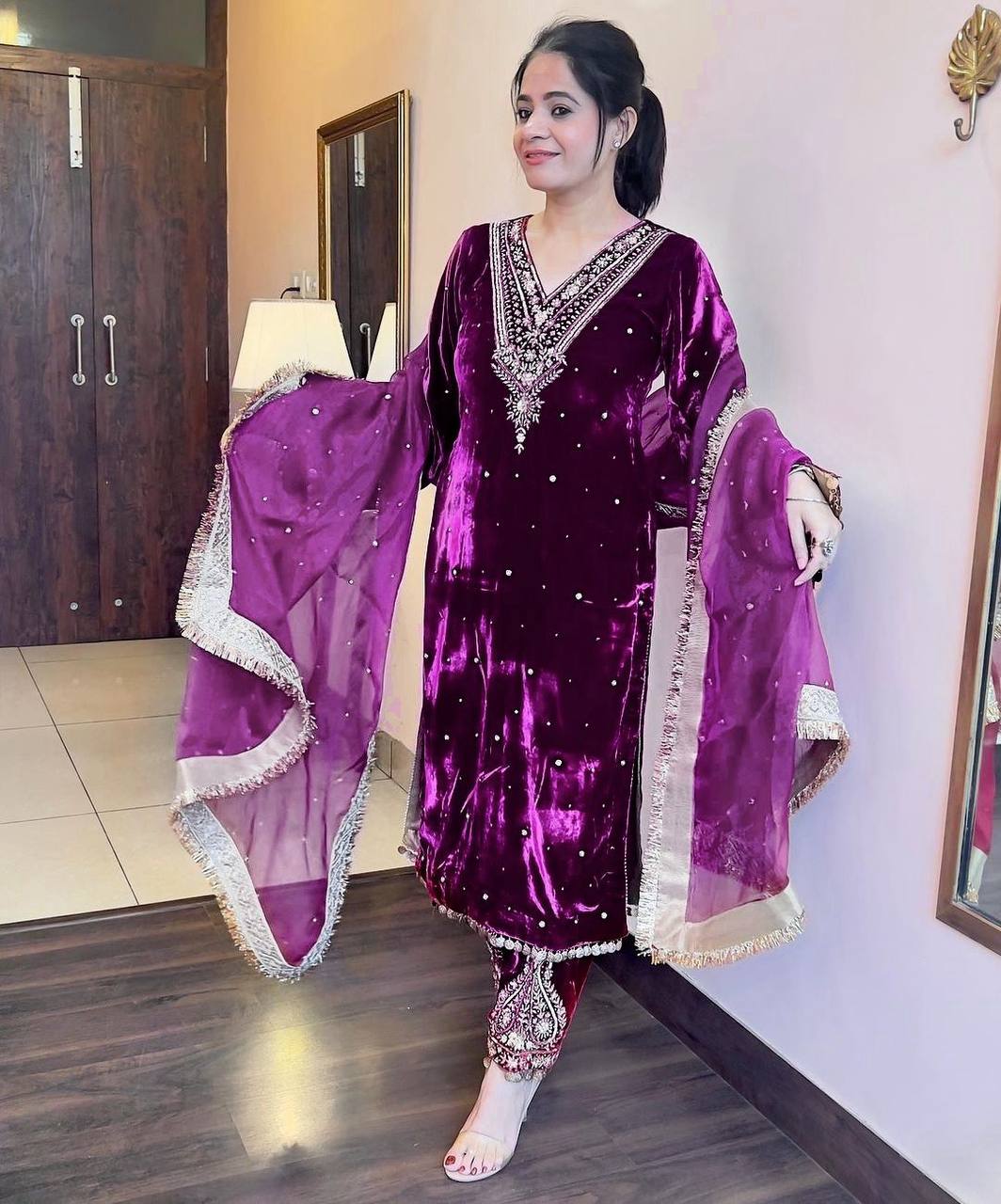 Purple Heavy Pure Viscose Velvet Top with Plazzo & Dupatta Set - Embroidery, Sequence Work, and Rivet Moti Accents