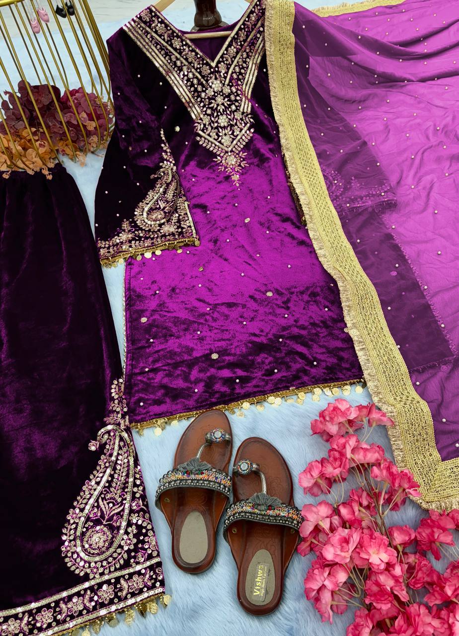 Purple Heavy Pure Viscose Velvet Top with Plazzo & Dupatta Set - Embroidery, Sequence Work, and Rivet Moti Accents