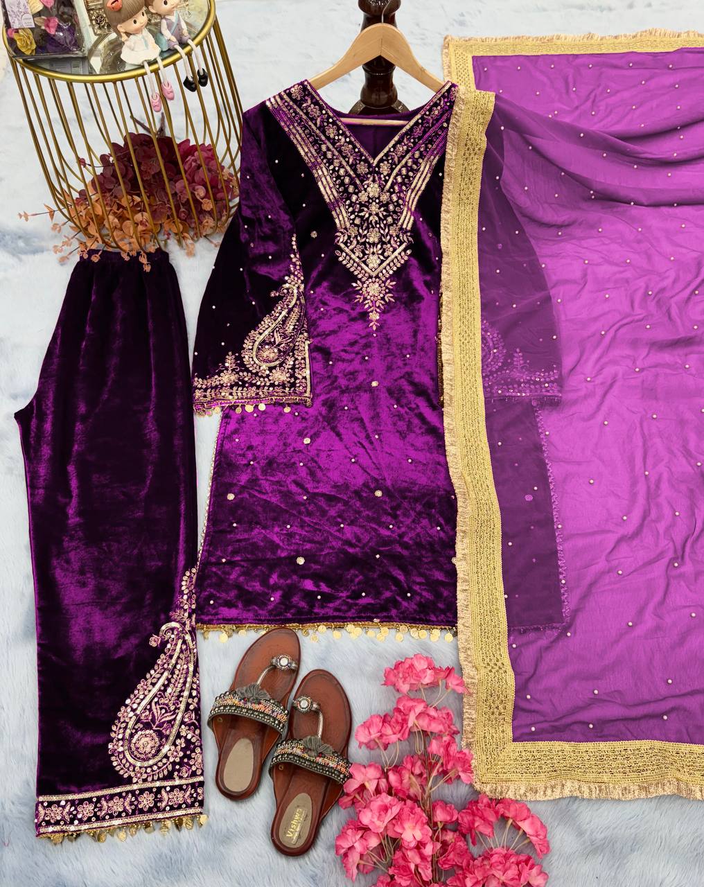 Purple Heavy Pure Viscose Velvet Top with Plazzo & Dupatta Set - Embroidery, Sequence Work, and Rivet Moti Accents