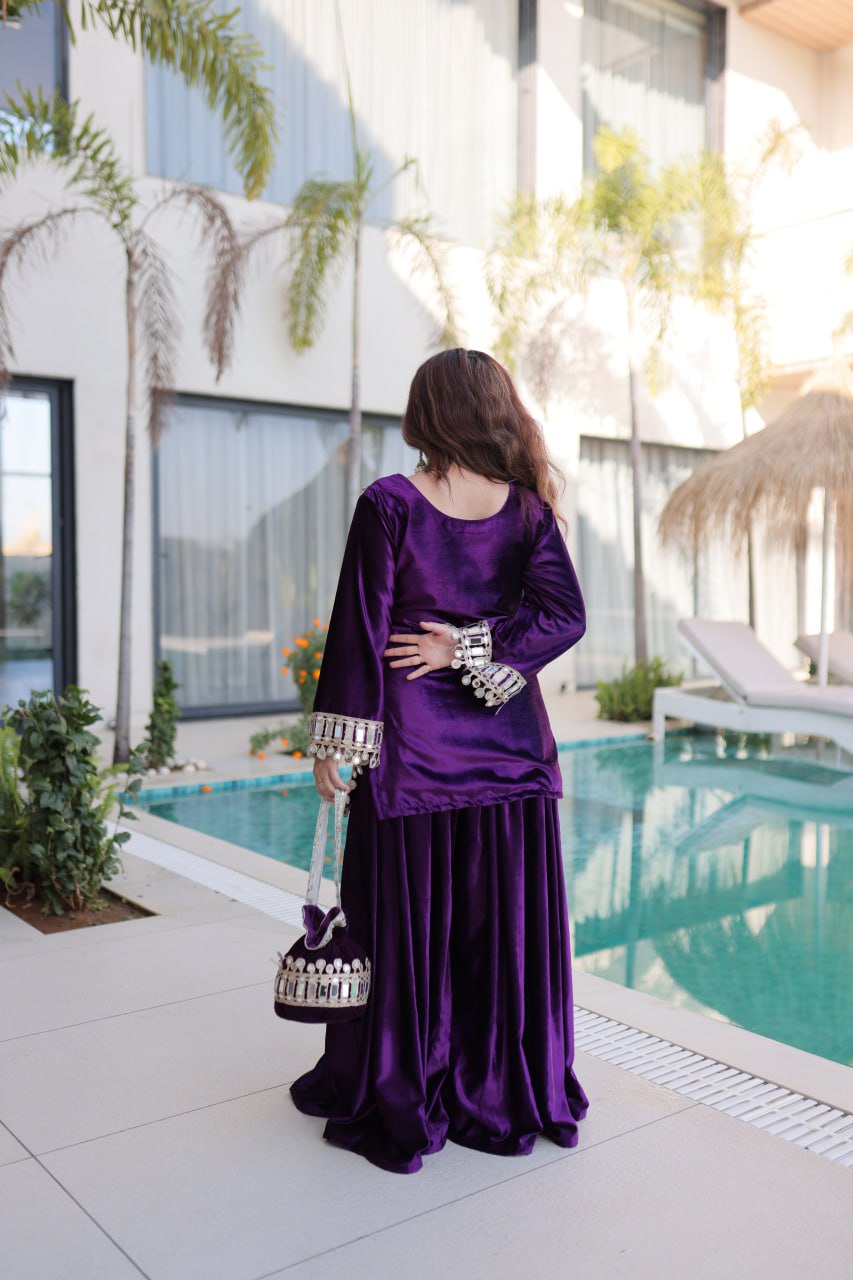 Purple Ice Velvet Zari & Real Mirror Embroidered Kurta Palazzo Set with Bell Sleeves & Matching Batwa – Fully Stitched Festive & Party Wear
