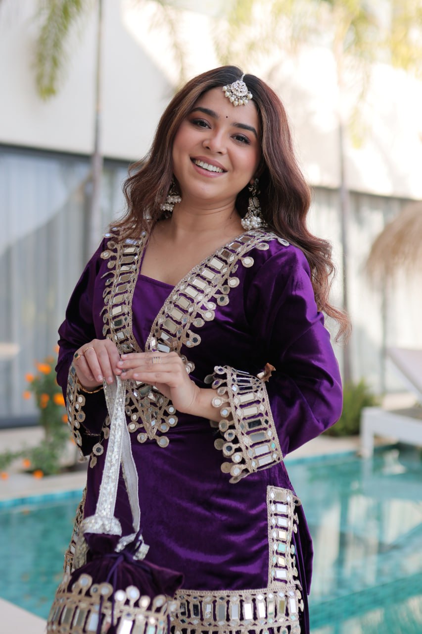 Purple Ice Velvet Zari & Real Mirror Embroidered Kurta Palazzo Set with Bell Sleeves & Matching Batwa – Fully Stitched Festive & Party Wear