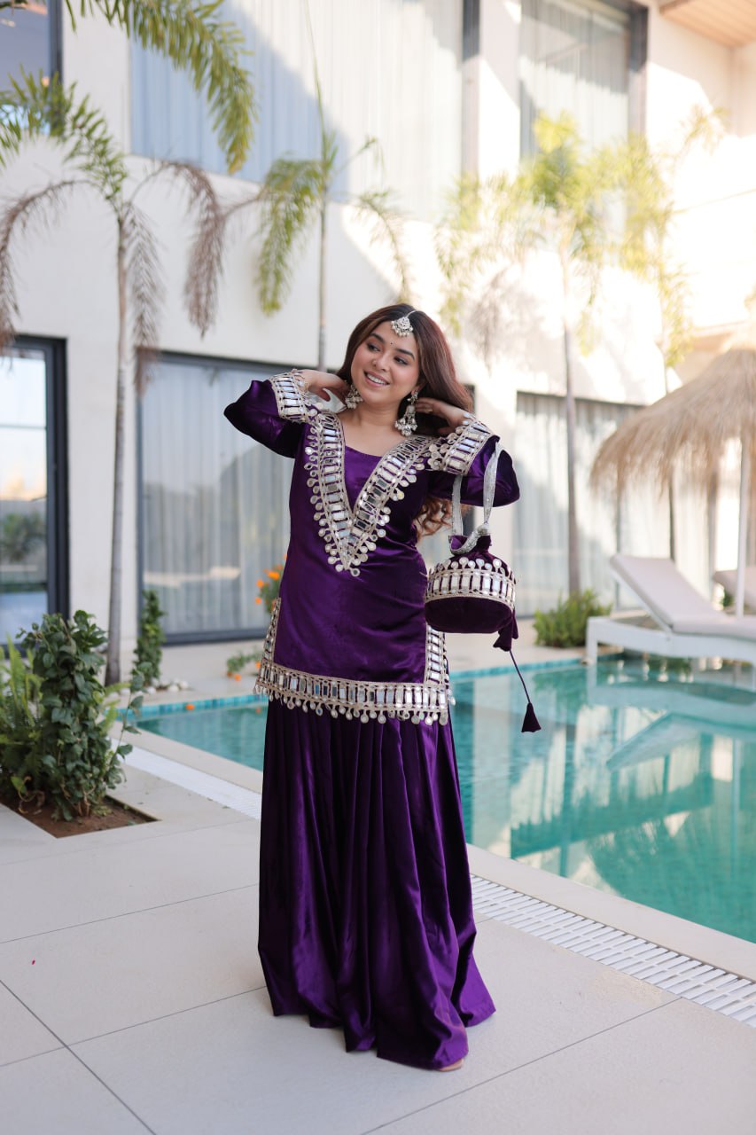 Purple Ice Velvet Zari & Real Mirror Embroidered Kurta Palazzo Set with Bell Sleeves & Matching Batwa – Fully Stitched Festive & Party Wear
